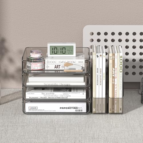 FANXIYQ 4-Tier Horizontal Acrylic Paper Tray Organizer with Booends | Clear Stackable Desk Organizer for Documents, Letters, A4 Paper | Modern Office/Classroom/Home Organization,Brown - color: Brown, size: Horizontal
