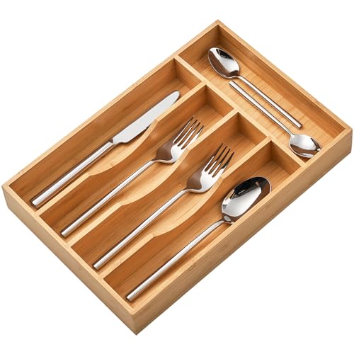 Umilife Bamboo Kitchen Drawer Organizer, 8.25 Inch Silverware Utensils Tray Holder for Small Drawer, Wood Caddy for Flatware Cutlery Knives - size: 8.25 x 13 inch (5 Slots)