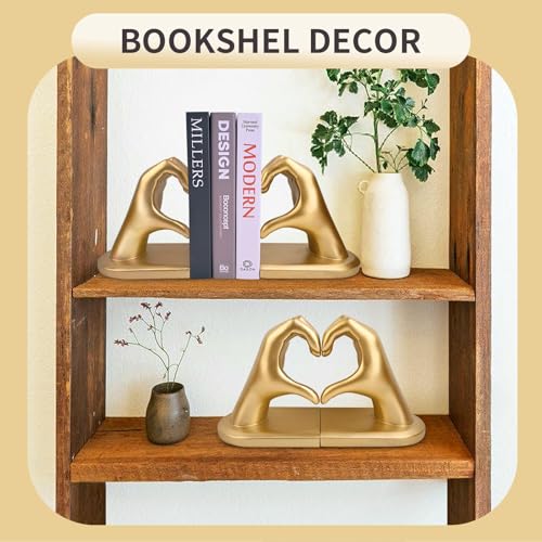 Gold Decorative Bookends for Shelves, Heart Hands Book Ends Sculpture Aesthetic Decor for Bedroom Living Room Merch Apartment Bookshelf Birthday Women Decorations Stuff Aesthetic - color: Gold
