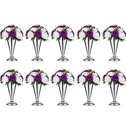 10 Pcs Tabletop Metal Wedding Flower Trumpet Vase, 9.8 inch Table Decorative Centerpiece Artificial Flower Arrangements for Anniversary Ceremony Party Birthday Event Aisle Home Decoration, Silver - color: Silver, size: 9.8 inch x 10 Pcs