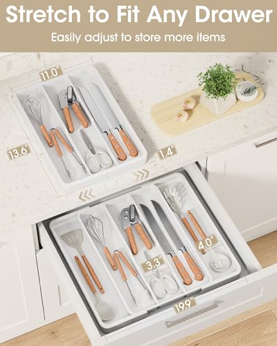 Aujen Silverware Organizer - Expandable Kitchen Drawer Organizer, Adjustable Utensil Organizer, Cutlery Tray for Forks, Knives, Multipurpose Kitchen Organizers and Storage Solution, White, X-Large - color: White, size: X-Large