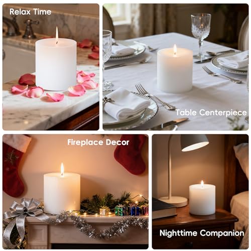 4x4 Inch White Pillar Candles, 2 Packs, 200-Hours Long Burning Time Totally, Unscented Large White Candles for Mantel Decor, Home Holiday Table Decor, Smokeless & Dripless - size: 4x4