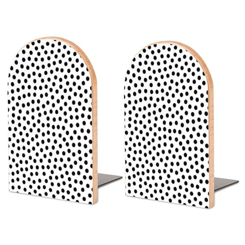 Wooden Bookends 2 Pcs,Black and White Polka Dots Heavy Duty Office Book Ends Anti Slip Book Shelf Holder with Metal Base Decorative Book Stands - color: Black and White Polka Dots