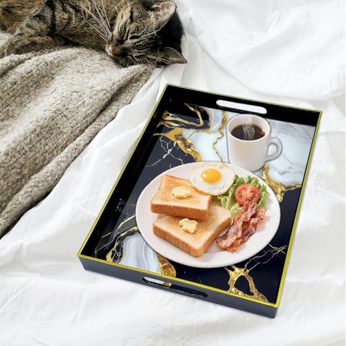 Serving Tray with Handles, 15.7 * 11.8 inches, Plastic Ottoman Tray with Exquisite Paintings, Trays for Coffee Table - color: Gilt Marble