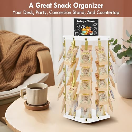 Pinzoveco Chip Rack Display Stand, 5 Tiers 40 Clips Snack Organizer for Office Desk, 360° Rotating Wooden Base Chip Holder Candy Display for Concession Stand, Countertop, Party, With Message Board - color: White & Gold