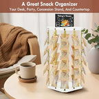 Pinzoveco Chip Rack Display Stand, 5 Tiers 40 Clips Snack Organizer for Office Desk, 360° Rotating Wooden Base Chip Holder Candy Display for Concession Stand, Countertop, Party, With Message Board - color: White & Gold