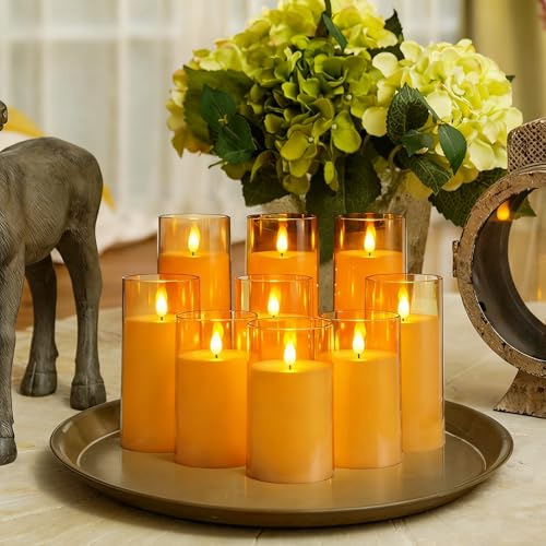 Homemory Amber Flickering Flameless Candles, Battery Operated Acrylic LED Pillar Candles with Remote Control and Timer, Fall Candles, Set of 9 - color: Amber, 9Pack