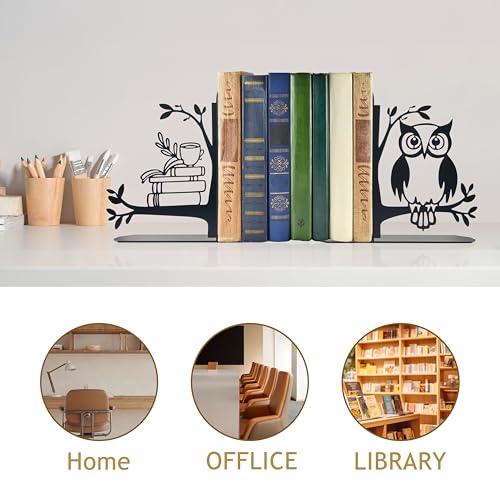 Owl and Books Metal Bookends Cute Owl Book Ends for Shelves Bookshelf Decorative Objects Home Office Desk Gift for Owl Lover（Black）