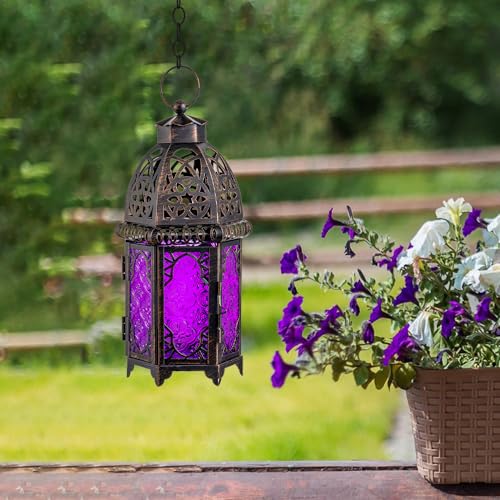 NEEDOMO Moroccan Candle Lantern, 12.8'' Hanging Lanterns Decorative Indoor Outdoor, Vintage Candle Holder for Chritsmas, Halloween, Table, Patio, Porch, Shelf, Gothic Home Decor (Purple) - color: Purple, size: Large
