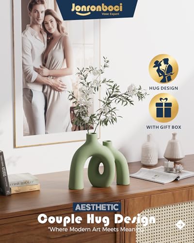 Hug Donut Decorative Vase Set - Sage Green Modern Nordic Boho Style Vases Home Decor,Matte Ceramic Decorations for Living Room Shelf, Bookshelf Mantle Entryway Table or Console Décor(Green) - color: Green