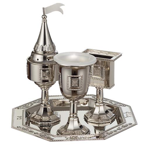 Nickel Havdalah Set 4 Parts, Kiddush Cup, Havdalah Candle Holder, Besamim Spices Holder and Plate - color: Nickel Havdalah
