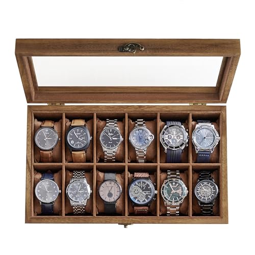 SONGMICS 12-Slot Watch Box, Watch Display Case with Large Glass Lid, Removable Watch Pillows, Velvet Lining, Gift Idea, Rustic Walnut UJOW120K01 - color: Rustic Walnut, size: 1 Layer 12 Slot