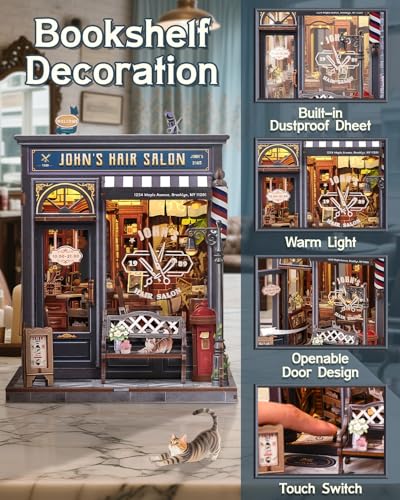 Book Nook Kit - DIY Adult Miniature Dollhouse, Hair Salon Themed, 3D Wooden Puzzle Bookend, Bookshelf Decor Gift for Family and Friends (John's Hair Salon) - style: John's Hair Salon