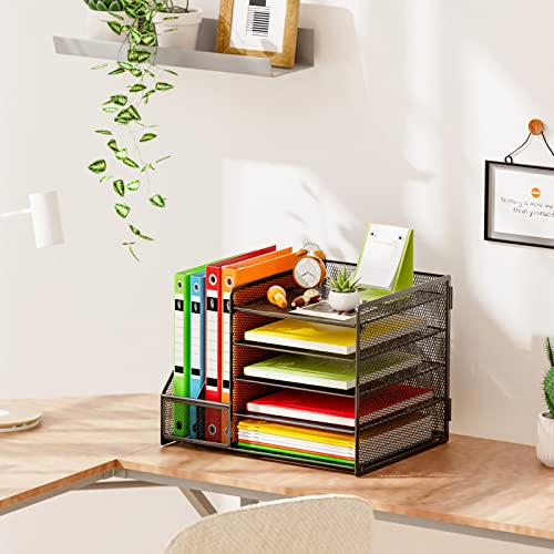Marbrasse Desk Organizer with File Holder, 5-Tier Paper Letter Tray Organizer, Mesh Desk Organizers and Accessories with Magazine Holder, Desktop Storage for Office Supplies (Black) - color: Desk Organizer with File Holder No Drawer