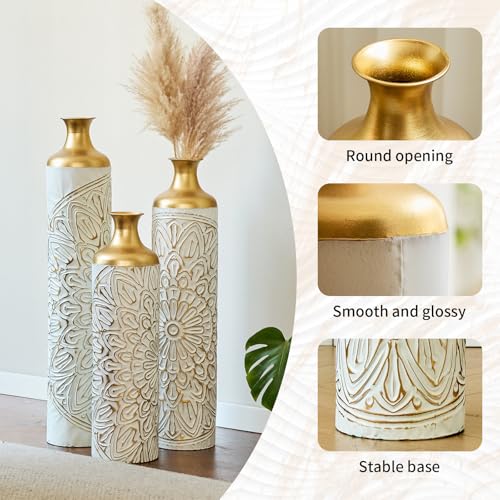 Floor Vases, Tall Home Decor Metal Vase Set of 3 Large Glazed Decorative Vases for Wedding Decor, Elegant Modern Flower Holder for Living Room, Entryway, Hallway, Dining Room - color: Floral Ivory Gold
