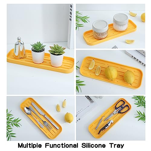 MicoYang Silicone Kitchen Sink Organizer Tray for Multiple Usage,Easy Clean,Eco-Friendly Sponges Holder for Kitchen Bathroom Counter or Sink,Dish Soap Dispenser,Scrubber,Bottle,Cup Yellow 12" x 4” - color: Yellow, size: 12" x 4" x 0.7"