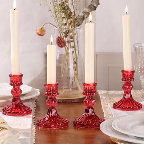 12PCS Red Candlestick Holders Set- 4" H Taper Candle Holders, Glass Candle Holders Bulk for Activities, Party, Home Table Centerpieces, Festival Gifts & Windowsill Decor - color: Red Striped Pattern