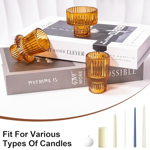 Candlestick Holders Set of 6, Ribbed Glass Taper Candle Holders, Reversible Amber Tealight & Candle Stick Candle Holder Vintage Crystal Tapered Candlestick for Wedding Dinner Party Festival - color: Amber