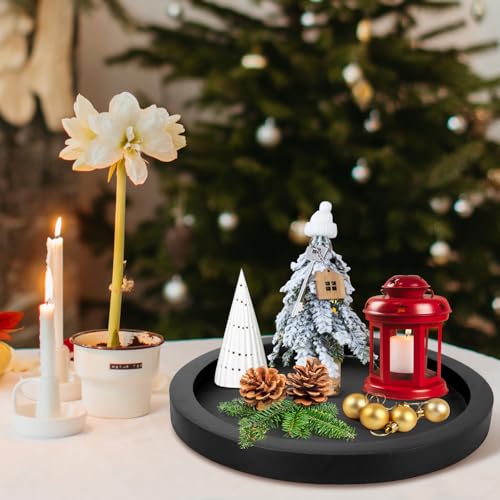 Round Decorative Tray for Coffee Dining Table Countertop Small Wooden Serving Trays Farmhouse Kitchen Home Living Room Decor and Bathroom Accessories Tray Black Rustic Wood Candle Centerpiece Trays - color: Black, size: 11"