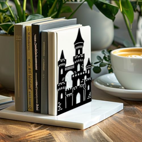 Peacoblue Metal Bookends for Shelves, Modern Decorative Heavy Duty Study Book Ends Stoppers for Office, Desk, Shelf, Room 5.3"x4.3"x7.9" Cast Iron Simple Tall Bookends 1 Pair (Castle) - style: Castle