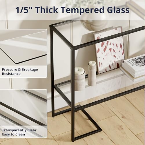 Cozy Castle 52" Entryway Table, 2-Tier Narrow Console Table with Tempered Glass & Sturdy Metal Frame, Modern Sofa Table with Storage Shelves for Entryway, Hallway, Foyer, Living Room, Black - color: Black Metal Frame
