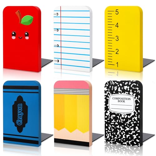 AnyDesign 6Pcs Back to School Wood Bookends Non Skid Book Stoppers Composition Notebook Pencil Crayon Apples Wooden Book Stands for Heavy Books Home Office School Library