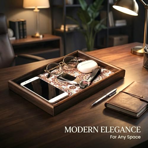 Zosenley Wooden Valet Tray with Leather Base - Nightstand Catchall Organizer for Cologne, Perfume, Keys, Wallet, Phone, Watch, Jewelry & Sunglasses (Bohemian) - color: Bohemian