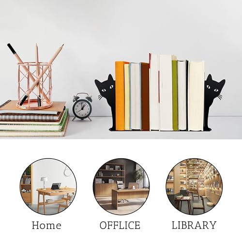 Peeping Cat Metal Bookends Cute Cat Book Ends for Shelves Bookshelf Decorative Objects Home Office Desk Bookshelf Decor Cat Lover Gifts for Women (Black)