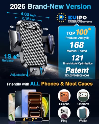 VANMASS Car Phone Holder [Upgraded Strongest Suction & Clip] Cell Phone Mount for Dashboard Windshield Vent Wall,Truck Cradle Stand for iPhone 17 Pro Max 16 15 14 13 12 11 SE Samsung S26 Android,Black - color: Black