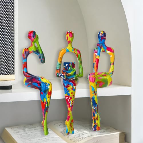 3Pcs Graffiti Thinker Statue Accents Reading Women Sculptures, Modern Aesthetic Figurine Decoration, Abstract Art Ornament,Suitable for Home Living Room Office Shelf Table Desk Bookshelf Décor - color: Graffiti a