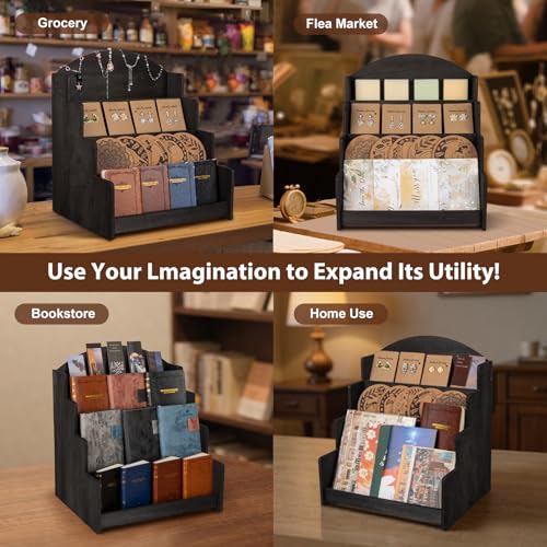PUERSI Greeting Card Display Stand, Wooden 4-Tier Postcard Display Stand Holder for Sticker, Vendors, Retail Stores, Black - color: Black