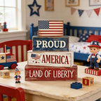 4Pcs 4th of July Decorations Red White and Blue Wood Blocks Patriotic Tiered Tray Decor Farmhouse Style Table Centerpiece for Office Memorial Day Shelf 250th Anniversar - style: Americana