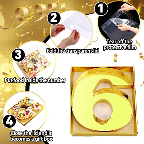 SiliFine 12" Charcuterie Number Shaped Mache with Clear Lid Fillable Sweets Serving Trays Paper Mache Cupcake Candy Box for 2025 Graduation Party Graduation Celebration(Gold,Number 6/9) - color: Gold, style: Number 6/9