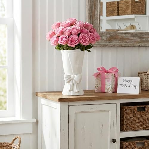 Relexome Fully Glazed White Ceramic Bow Vase 9.64 in Unique Cute Modern Decorative Bouquet Flower Vases for Home Living Room Table Decor Mother‘s Day Gifts - color: Glazed White
