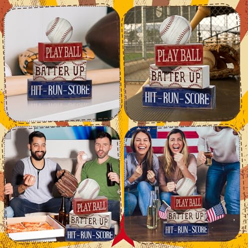 Yuntau 4 Pcs Baseball Decorations Sports Wooden Sign Baseball Centerpieces for Tables Tiered Tray Decor Decorative Mini Faux Book Stack Block for Bedroom Boys Room Mantel Shelf Senior Night Gifts - style: Baseball