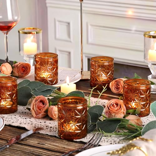 24 Pcs Vintage Amber Votive Candle Holders, Amber Glass Tea Lights Candle Holder for Wedding Table Centerpiece,Vintage Boho Party Home Fall Decor,Thanksgiving and Christmas - color: Amber