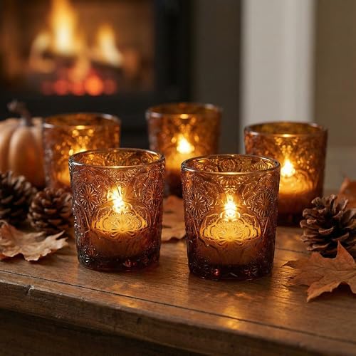 6 Pack Mandala Embossed Glass Candle Holders – Votive Tealight Holders with Patent Design, Decorative Embossed Glass Cups for Wedding Centerpieces, Parties, and Home Décor (Chestnut Brown) - color: Chestnut Brown