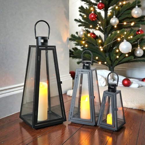 TRIROCKS Set of 3 Decorative Candle Lantern 11/16/21''H Metal Outdoor Candle Holder Hanging Lantern with Tempered Glass for Christmas Home Living Room Parties Event Indoors Outdoors (Black Triangle) - color: Black