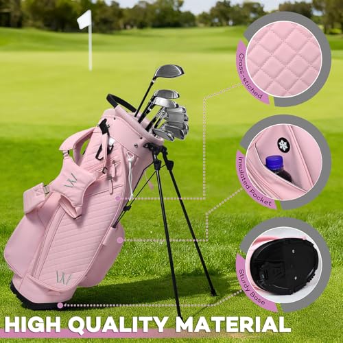 Luxury Womens Golf Bag, PU Leather Golf Stand Bag for Women/Ladies, 14-Way Full-Length Top Dividers, Ultra Lightweight, Large Pockets for Accessories - color: Pink