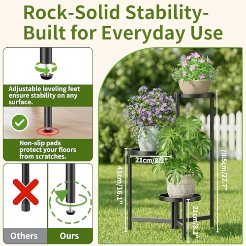 3 Tier Large Plant Stand Indoor with 7.9 Inch Wide Tray, Tiered Corner Metal Outdoor Flower Holder Stand, Folding Tall Rack for Display Shelf for Patio Porch Balcony - BlackDisk - color: BlackDisk, size: 3-Tiers