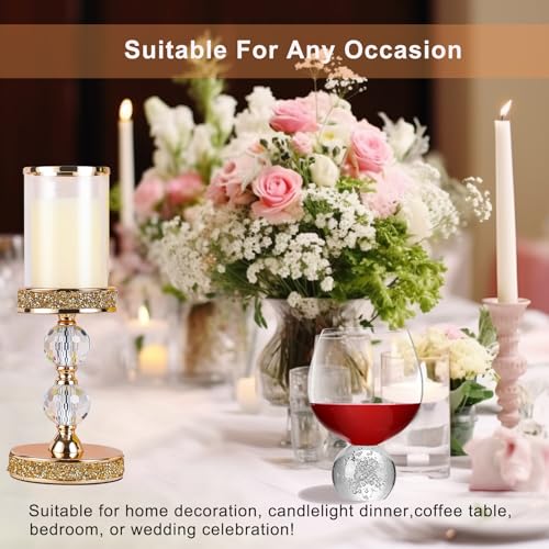 Pillar Candle Holder, 13 Inch Crystal Candlesticks for 3''X5'' Candles, Dining Coffee Table Decor, Wedding, Events, Parties - Glass and Gold Finish - size: 2 crystal balls