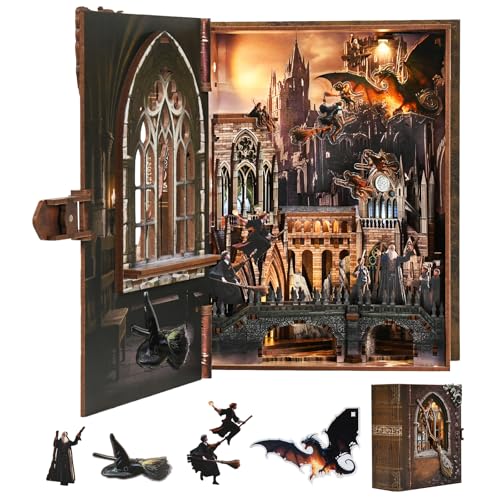MiniCity Book Nook Kit with LED Light, Miniature House Kit for Birthday, 3D Wooden Bookends Puzzle, Bookshelf Decor for Adults, Teens, Beginners (Introduction to Magical Flight) - style: Introduction to Magical Flight