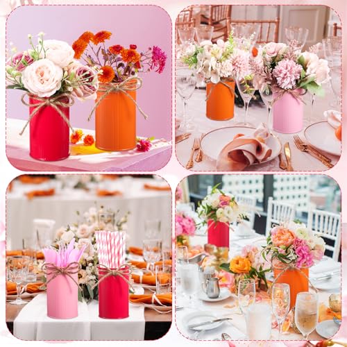 Rustic Vase for Table Centerpieces 4.33 Inch Small Petite Flower Vase with Twine Bow Vintage Farmhouse Decor for Wedding Reception Dining, Home Galvanized Metal Buckets(Orange, Fuchsia, Pink,12 Pcs) - color: Orange, Fuchsia