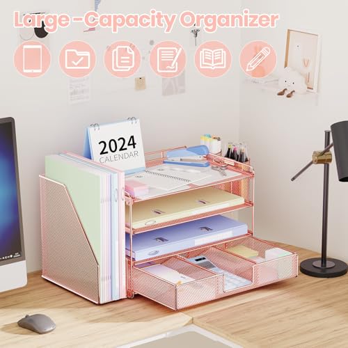 OPNICE Desk Organizer, 4-Tier Desktop File Organizer with Drawer and 2 Pen Holders, Office Desk Accessories, File Sorters, Workspace Organizers for Office Supplies(Rose Gold) - color: Rose Gold, size: 4-Tier