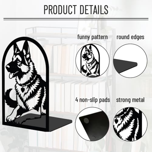WADORN 1 Pair German Shepherd Metal Decorative Bookend for Shelves, Heavy Duty Book Ends Modern Non-Skid Books Holder Stand Black Book Support Stoppers for Desk Bookshelf Office, 5.3x4.3x7.8 Inch - color: Black