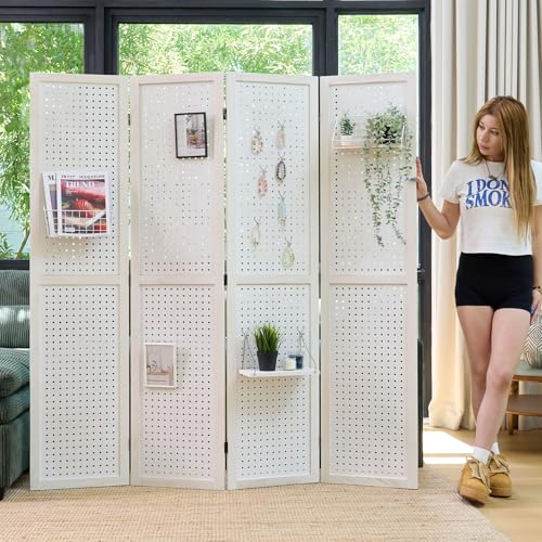 Room Divider Freestanding Folding Pegboard Privacy Screen 4-Panel Display Stand for Jewelry Craft Shows Retail Natural Wood Portable Space-Saving - color: Salt White, size: 4 Panels