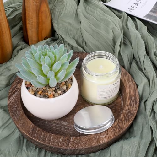 6.5 in Round Rustic Wood Tray for Decor Candle Holder Tray Wooden Serving Trayes for Coffee Table and Home Decor Small Serving Trays for Centerpiece Table Decorations Circle Dining Tables Trays