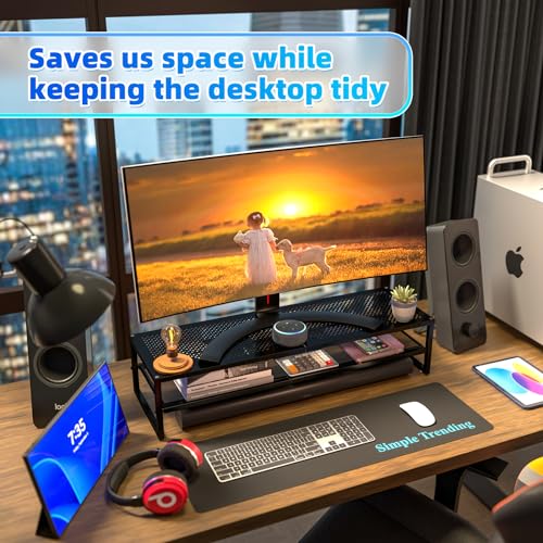 Simple Trending 2 Tier Metal Dual Monitor Stand Riser with 32"x10" Mouse Pad, Computer Desk Organizer for 2 Monitors, Laptop, Printer, TV, Black - color: Black, size: 32"L x 10"W x 7"H