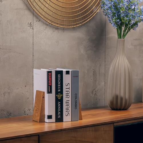 TILISMA Book Ends for Shelves - Handmade Wooden Bookends with Metal Base, Walnut Tree - Sturdy Book Holders for Bookshelves - Fancy Modern Decorative Bookends, Heavy Duty – Home Décor Accessories - color: Oak