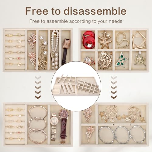 Velvet Jewelry Drawer Storage Tray, Set of 4 Stackable Drawer Organizer, Multifunctional Jewelry Display Organizer, Storage Box for Earrings, Rings, Necklaces, Bracelets, Brooches, Watches - color: ZH-Beige